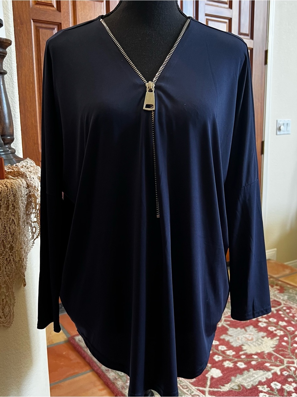 Brand Bazar Womens Solid Navy V Neck Zipper Long Sleeve Casual T Shirt Top M